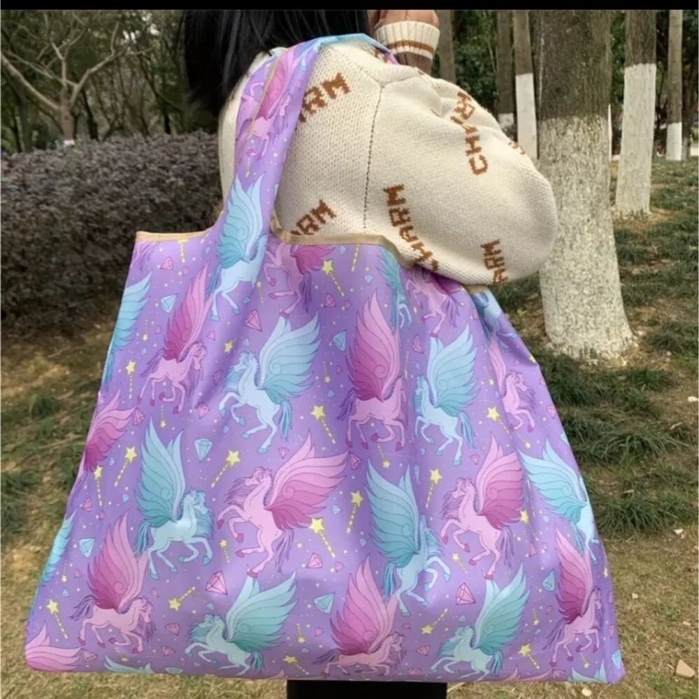 Large purple Pegasus foldable collapsible purple tote bag design diamond star